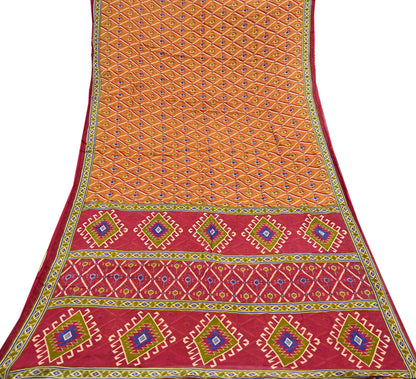 Indian Vintage Red & Mustard Saree Printed 100% Pure Cotton Sari Craft Fabric 5Yd Soft Sewing Sarong Wrap Dress Making Quilting Crafting