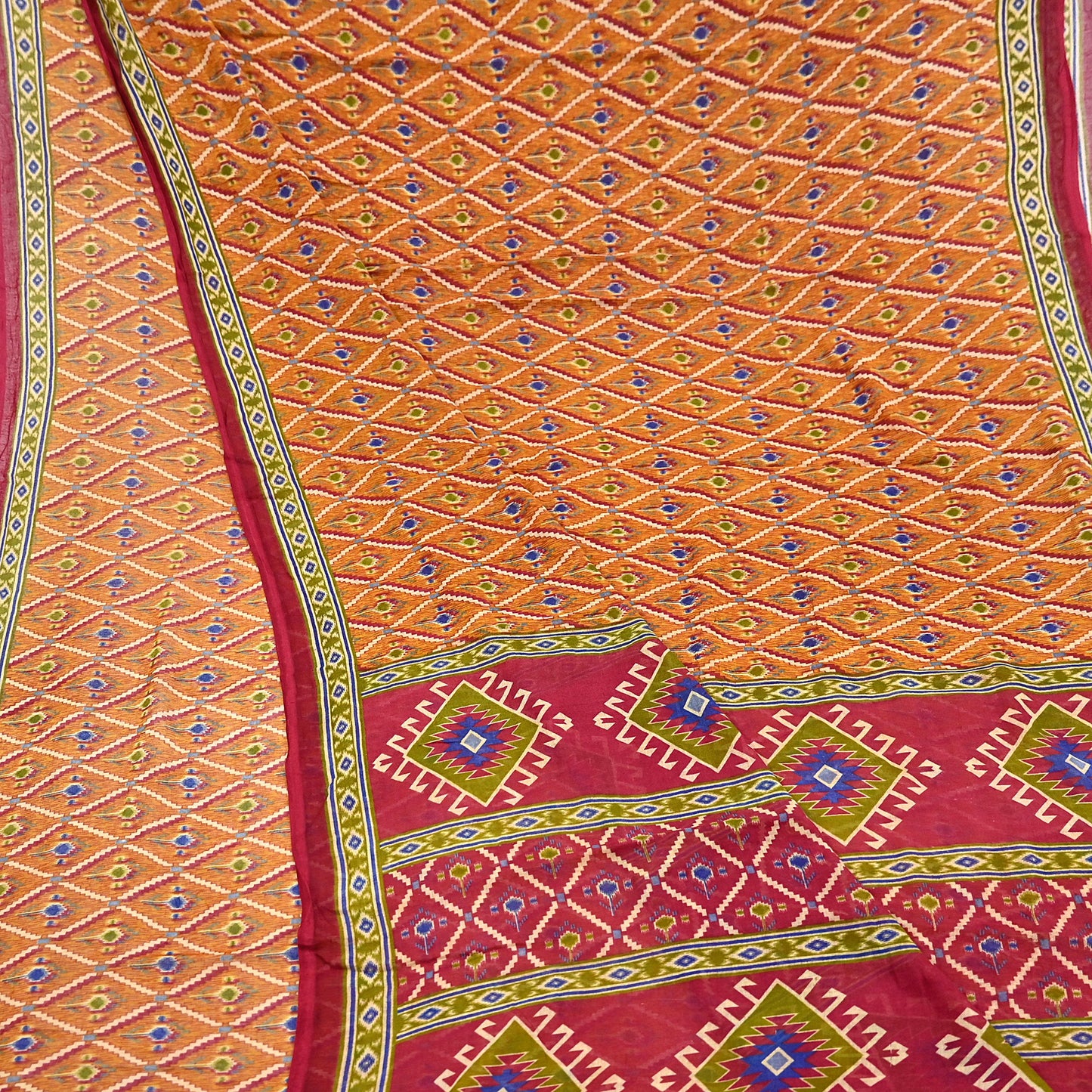 Indian Vintage Red & Mustard Saree Printed 100% Pure Cotton Sari Craft Fabric 5Yd Soft Sewing Sarong Wrap Dress Making Quilting Crafting