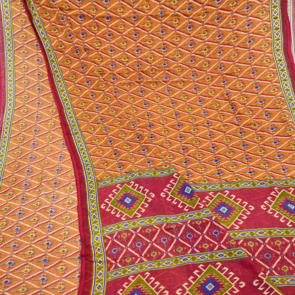 Indian Vintage Red & Mustard Saree Printed 100% Pure Cotton Sari Craft Fabric 5Yd Soft Sewing Sarong Wrap Dress Making Quilting Crafting