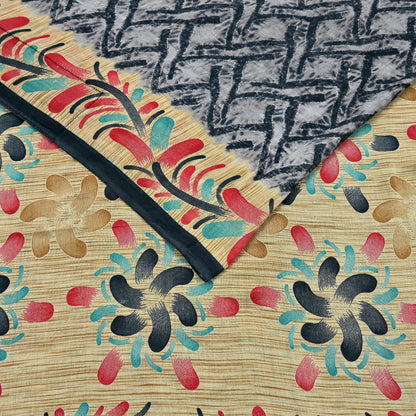 Indian Vintage Sari Gray & Black Printed 100% Pure Cotton Sarees Craft Fabric 5Yd Sewing Sarong Wrap Boho Floral Dress Making Crafting Soft