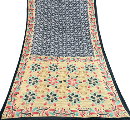 Indian Vintage Sari Gray & Black Printed 100% Pure Cotton Sarees Craft Fabric 5Yd Sewing Sarong Wrap Boho Floral Dress Making Crafting Soft