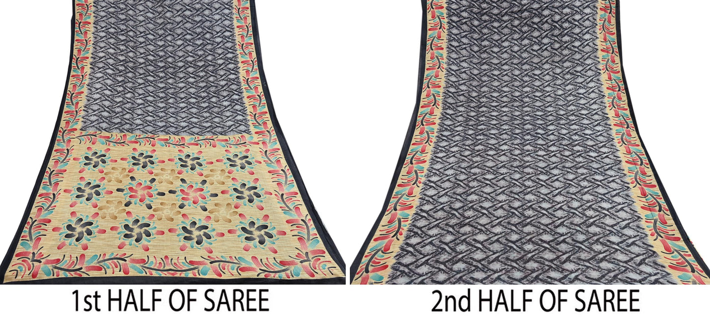 Indian Vintage Sari Gray & Black Printed 100% Pure Cotton Sarees Craft Fabric 5Yd Sewing Sarong Wrap Boho Floral Dress Making Crafting Soft