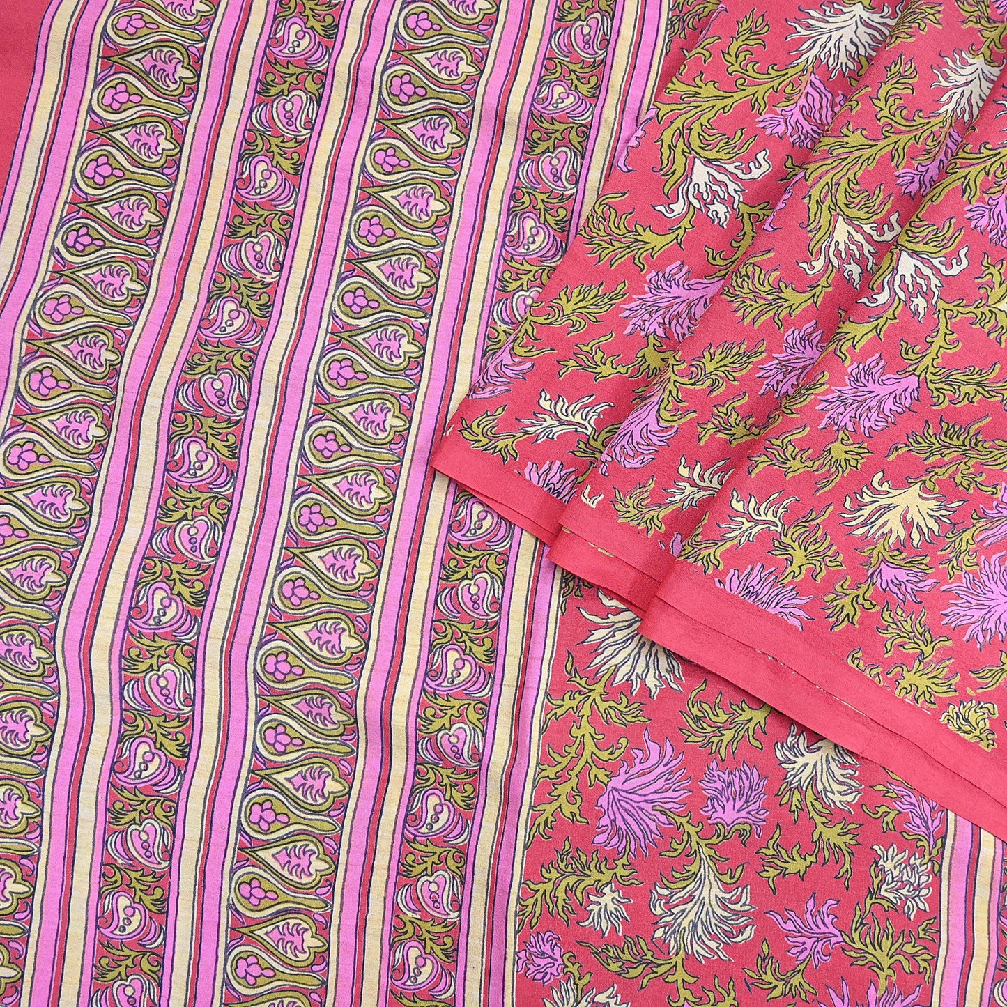 Indian Vintage Sari Pink Pure Crepe Silk Printed Saree 5yard Sewing Quilting Floral Soft Craft Fabric Wrap