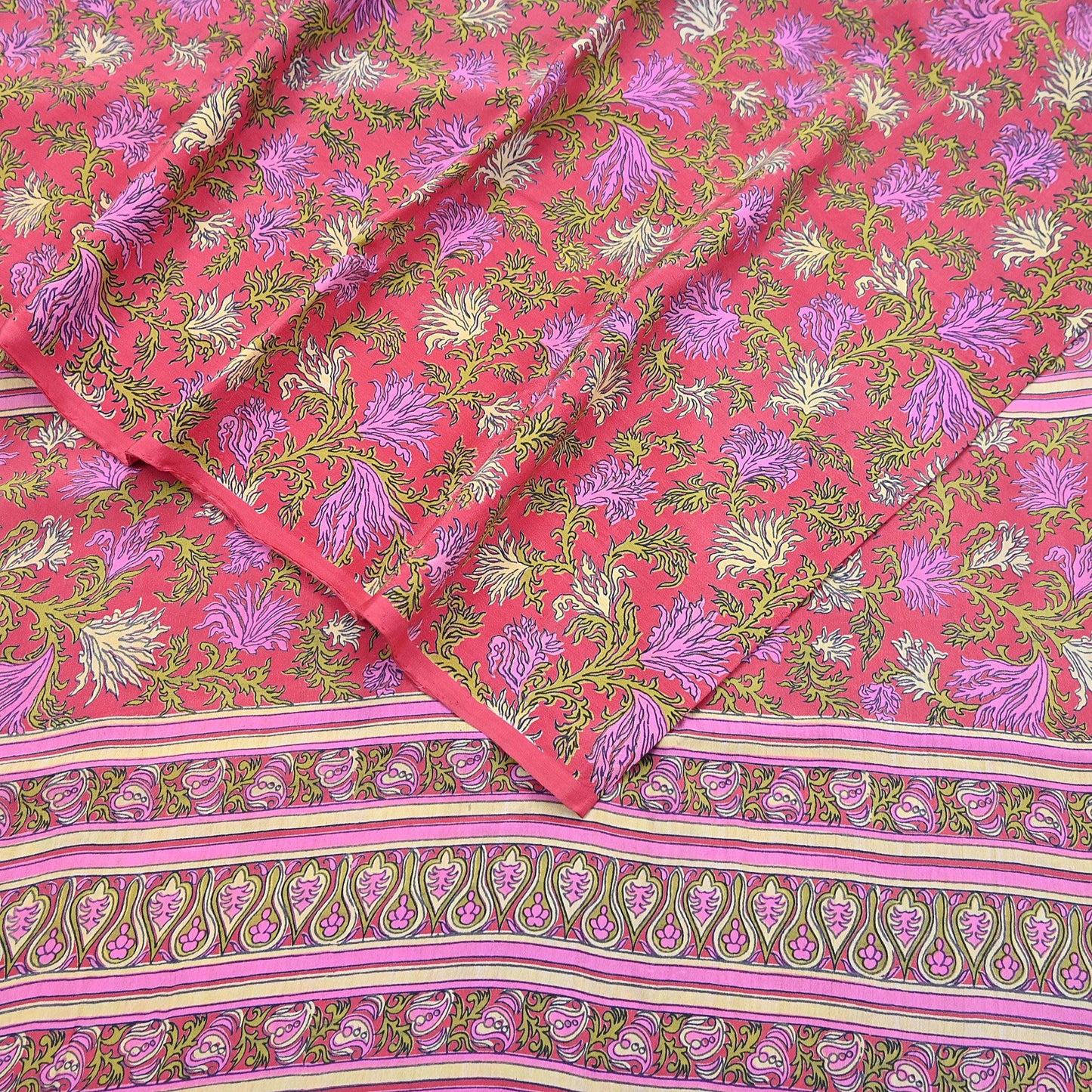 Indian Vintage Sari Pink Pure Crepe Silk Printed Saree 5yard Sewing Quilting Floral Soft Craft Fabric Wrap