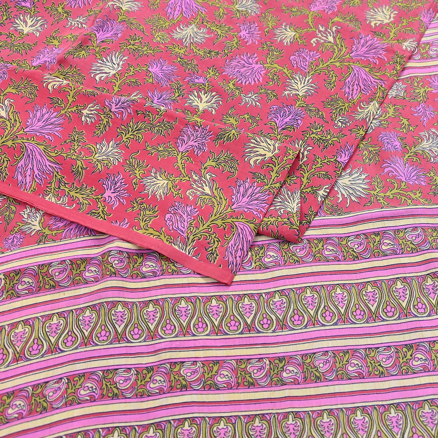 Indian Vintage Sari Pink Pure Crepe Silk Printed Saree 5yard Sewing Quilting Floral Soft Craft Fabric Wrap