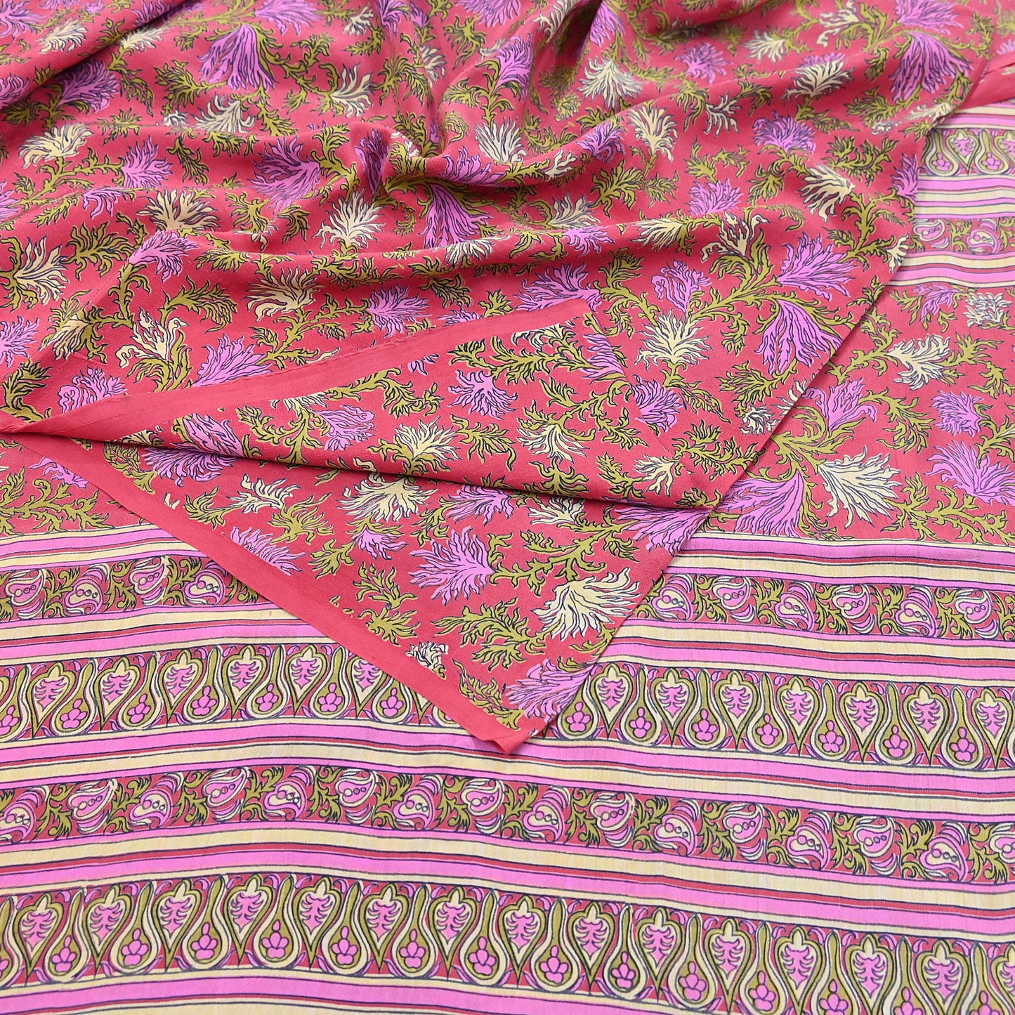 Indian Vintage Sari Pink Pure Crepe Silk Printed Saree 5yard Sewing Quilting Floral Soft Craft Fabric Wrap
