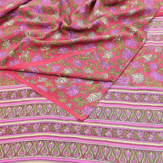Indian Vintage Sari Pink Pure Crepe Silk Printed Saree 5yard Sewing Quilting Floral Soft Craft Fabric Wrap