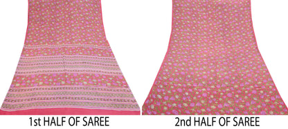 Indian Vintage Sari Pink Pure Crepe Silk Printed Saree 5yard Sewing Quilting Floral Soft Craft Fabric Wrap