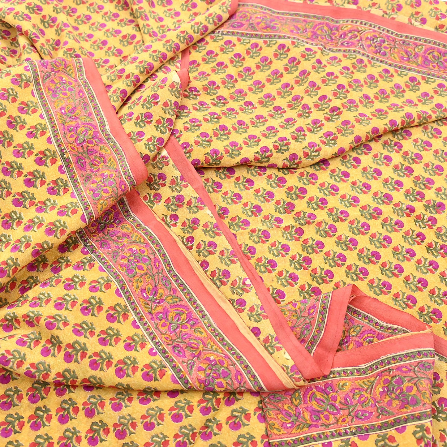 Indian Vintage Sari Yellow & Paech Pure Crepe Silk Printed Saree 5yard Sewing Quilting Floral Soft Craft Fabric Wrap