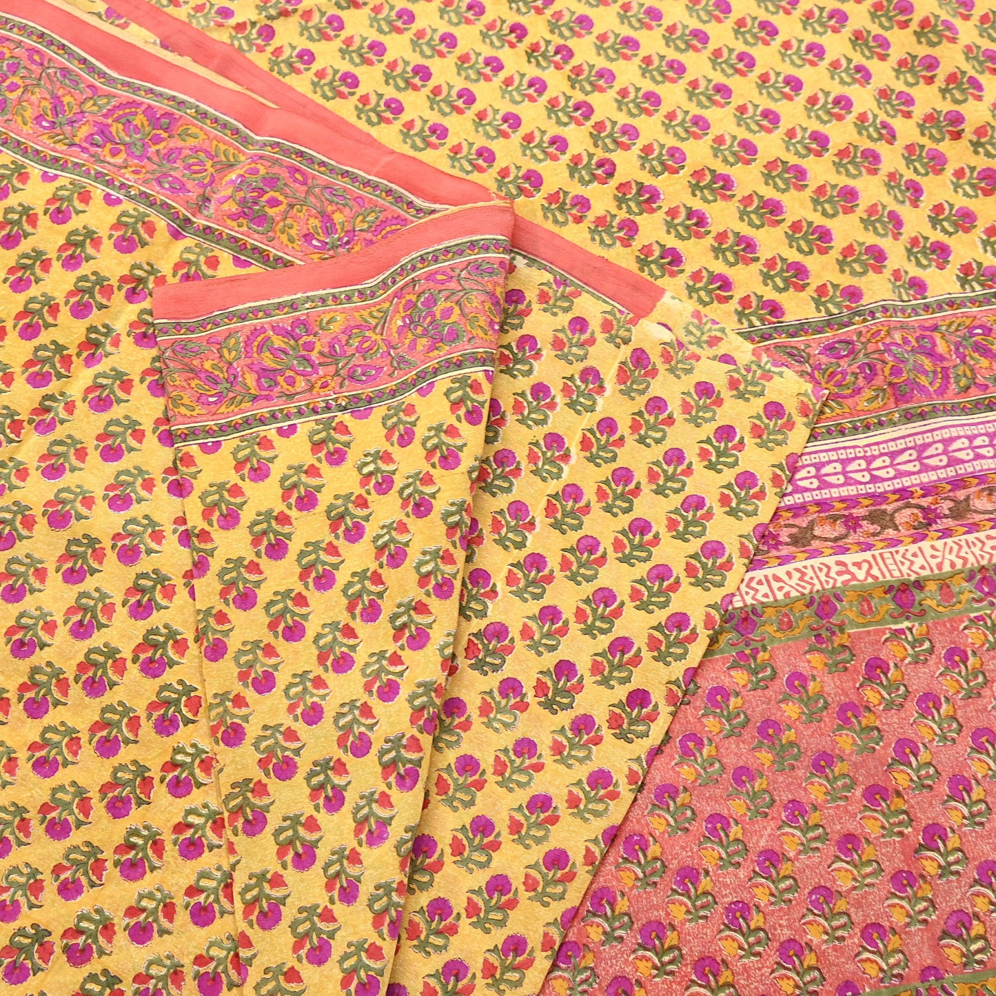 Indian Vintage Sari Yellow & Paech Pure Crepe Silk Printed Saree 5yard Sewing Quilting Floral Soft Craft Fabric Wrap