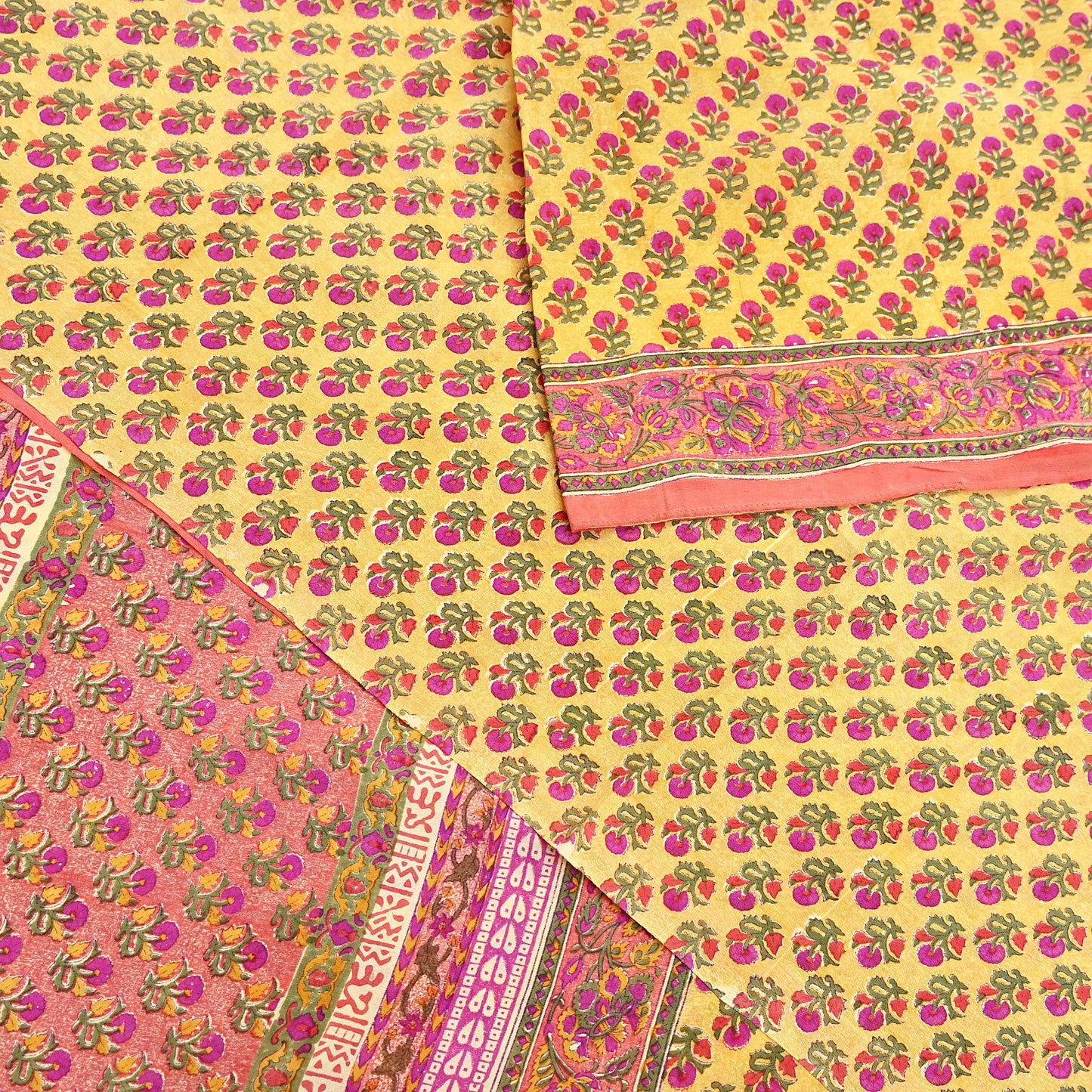 Indian Vintage Sari Yellow & Paech Pure Crepe Silk Printed Saree 5yard Sewing Quilting Floral Soft Craft Fabric Wrap
