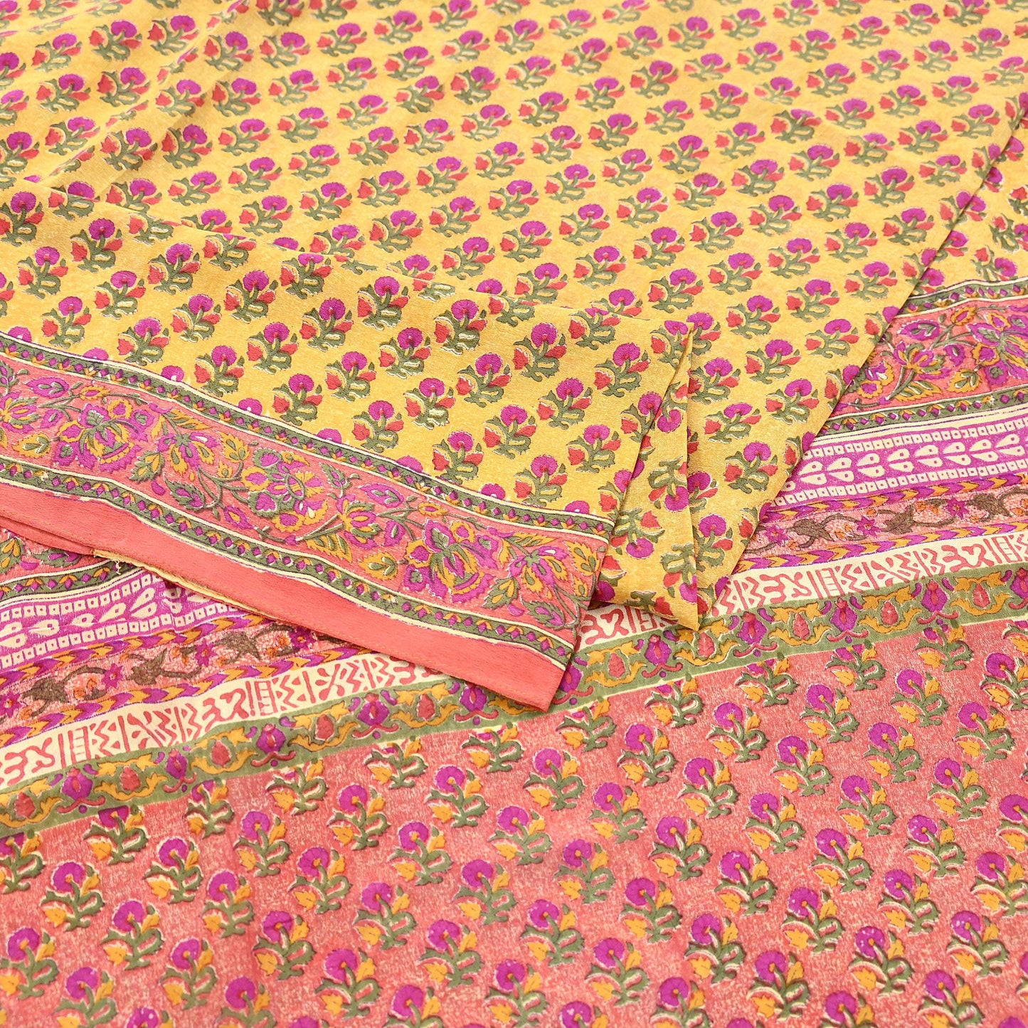 Indian Vintage Sari Yellow & Paech Pure Crepe Silk Printed Saree 5yard Sewing Quilting Floral Soft Craft Fabric Wrap
