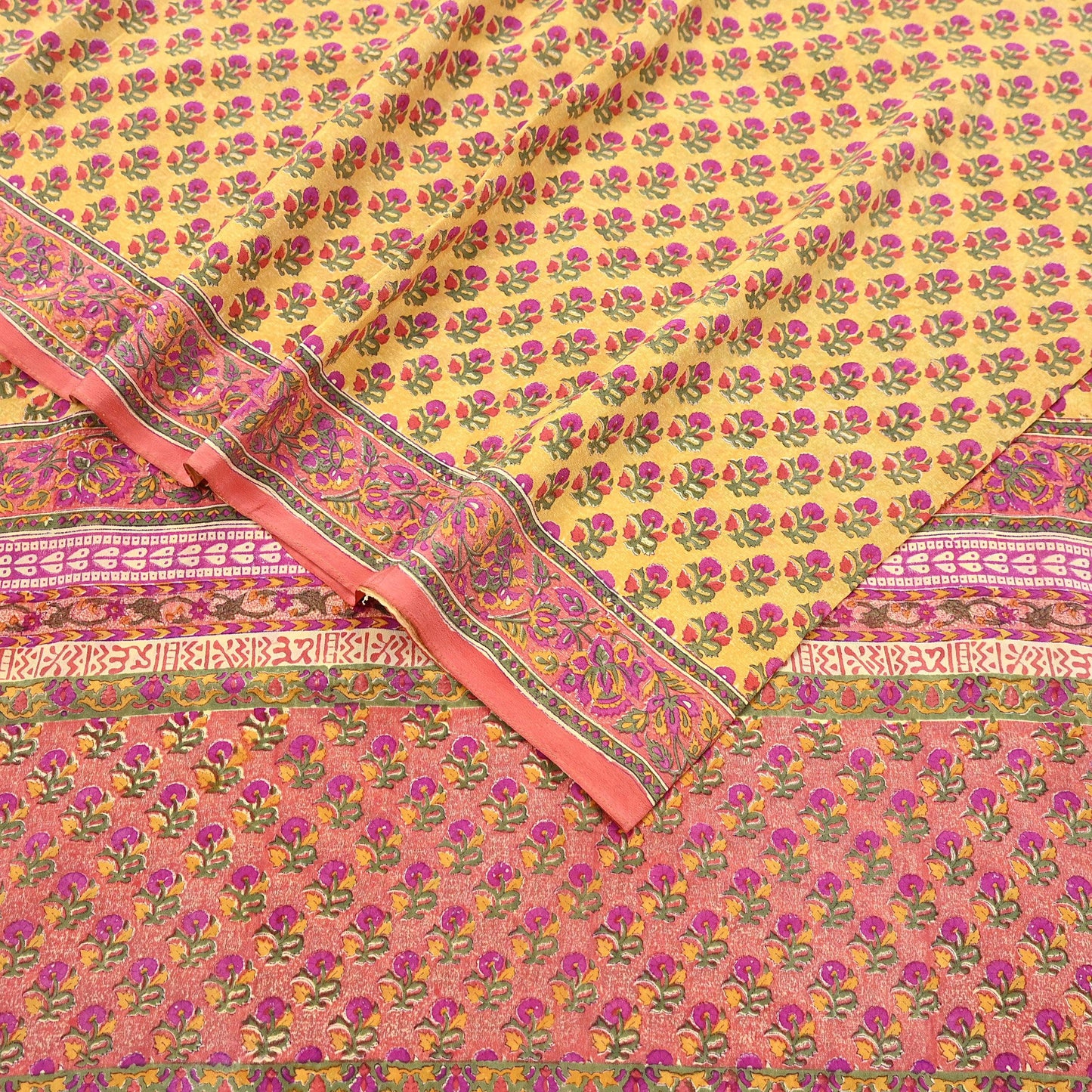Indian Vintage Sari Yellow & Paech Pure Crepe Silk Printed Saree 5yard Sewing Quilting Floral Soft Craft Fabric Wrap