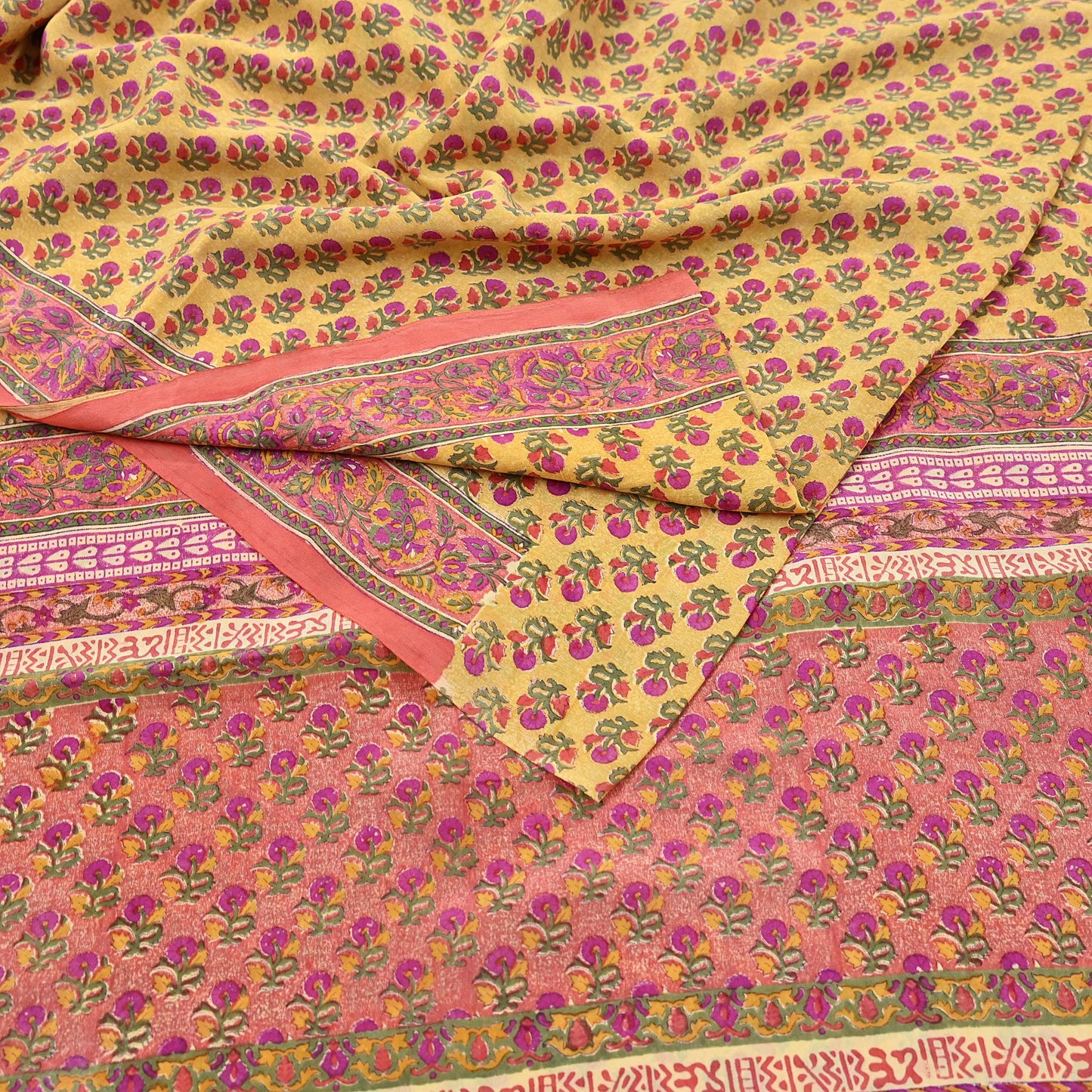 Indian Vintage Sari Yellow & Paech Pure Crepe Silk Printed Saree 5yard Sewing Quilting Floral Soft Craft Fabric Wrap