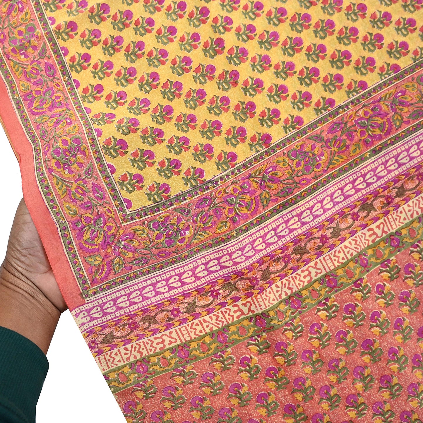 Indian Vintage Sari Yellow & Paech Pure Crepe Silk Printed Saree 5yard Sewing Quilting Floral Soft Craft Fabric Wrap