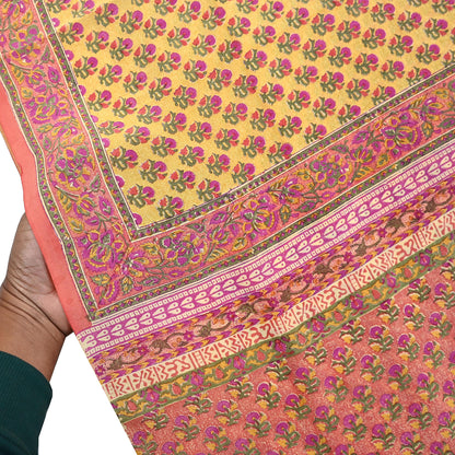 Indian Vintage Sari Yellow & Paech Pure Crepe Silk Printed Saree 5yard Sewing Quilting Floral Soft Craft Fabric Wrap