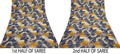 Women Vintage Sari Gray & Beige Pure Georgette Silk Printed Saree Craft Fabric Sewing 5Yard Soft Light Dress Making  Dress making Crafting