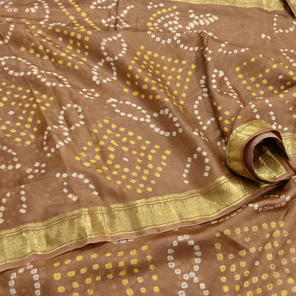 Indian Vintage Sari Beige Pure Silk Bandhani Printed Sarees Fabric 5yd Floral Sewing Traditional Culture Sari Ethnic Fabric Zari