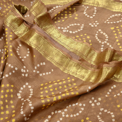 Indian Vintage Sari Beige Pure Silk Bandhani Printed Sarees Fabric 5yd Floral Sewing Traditional Culture Sari Ethnic Fabric Zari