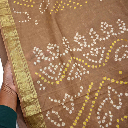 Indian Vintage Sari Beige Pure Silk Bandhani Printed Sarees Fabric 5yd Floral Sewing Traditional Culture Sari Ethnic Fabric Zari