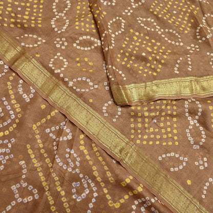 Indian Vintage Sari Beige Pure Silk Bandhani Printed Sarees Fabric 5yd Floral Sewing Traditional Culture Sari Ethnic Fabric Zari