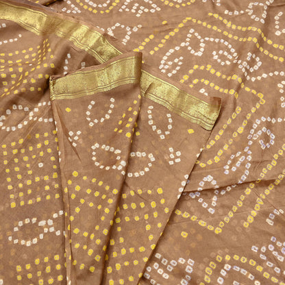 Indian Vintage Sari Beige Pure Silk Bandhani Printed Sarees Fabric 5yd Floral Sewing Traditional Culture Sari Ethnic Fabric Zari