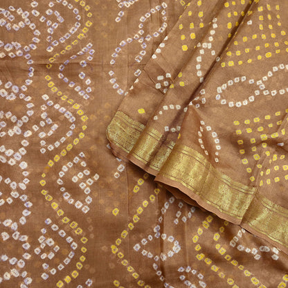 Indian Vintage Sari Beige Pure Silk Bandhani Printed Sarees Fabric 5yd Floral Sewing Traditional Culture Sari Ethnic Fabric Zari