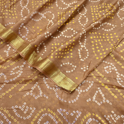 Indian Vintage Sari Beige Pure Silk Bandhani Printed Sarees Fabric 5yd Floral Sewing Traditional Culture Sari Ethnic Fabric Zari