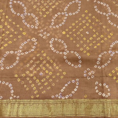Indian Vintage Sari Beige Pure Silk Bandhani Printed Sarees Fabric 5yd Floral Sewing Traditional Culture Sari Ethnic Fabric Zari