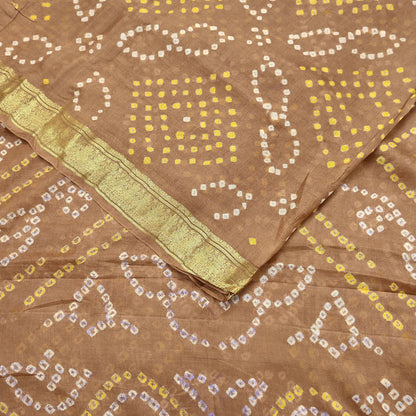 Indian Vintage Sari Beige Pure Silk Bandhani Printed Sarees Fabric 5yd Floral Sewing Traditional Culture Sari Ethnic Fabric Zari