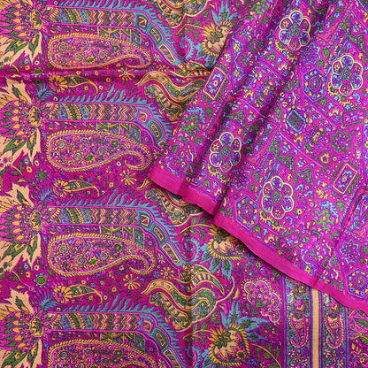 Indian Vintage Sari Magenta 100% Pure Silk Printed Saree Craft Fabric 5yd Sewing Dress Making Soft Wrap Quilting Crafting Upcycle