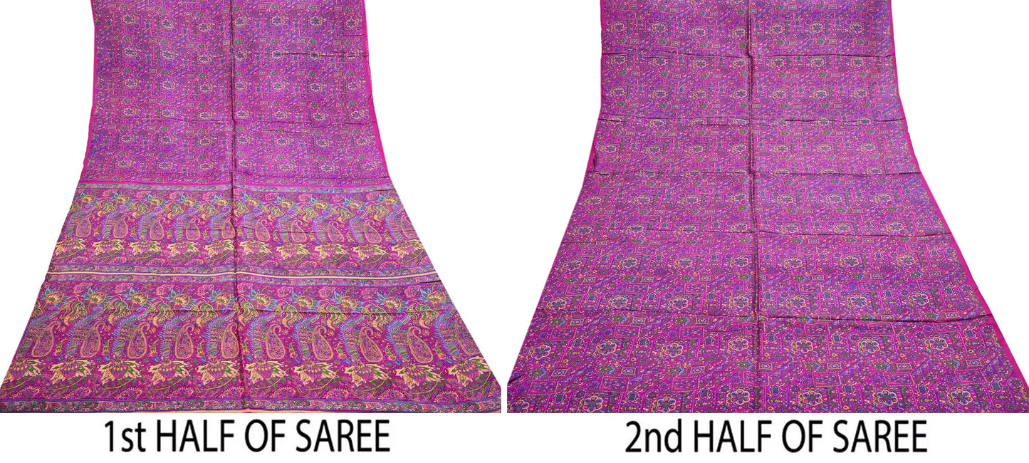 Indian Vintage Sari Magenta 100% Pure Silk Printed Saree Craft Fabric 5yd Sewing Dress Making Soft Wrap Quilting Crafting Upcycle