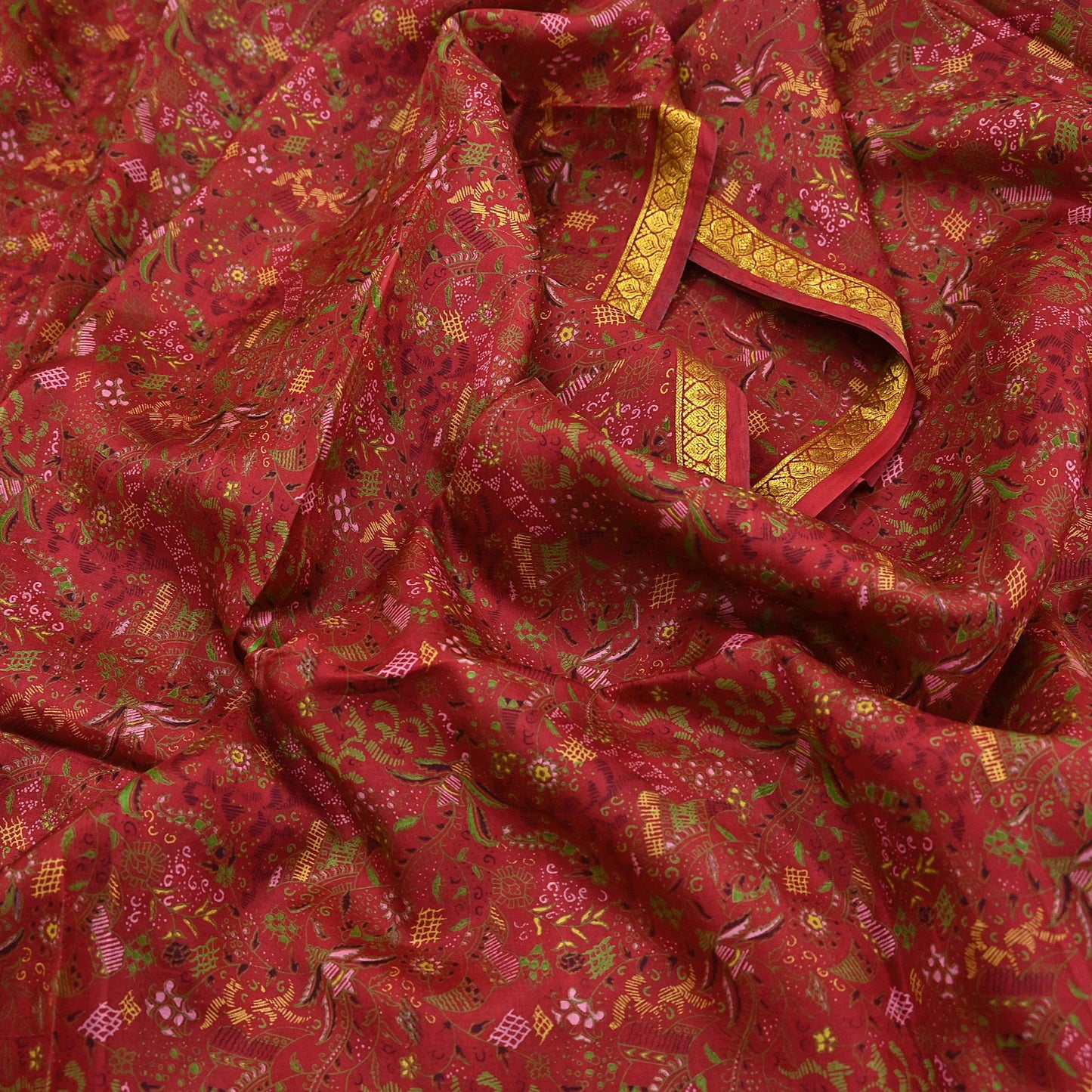 Indian Vintage Sari Red Printed Pure Silk Sarees 6yd Sewing Craft Fabric Soft Dress Making Upcycle Crafting Quilting Used Zari