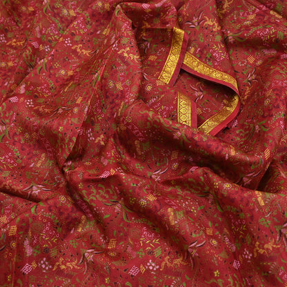 Indian Vintage Sari Red Printed Pure Silk Sarees 6yd Sewing Craft Fabric Soft Dress Making Upcycle Crafting Quilting Used Zari