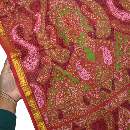 Indian Vintage Sari Red Printed Pure Silk Sarees 6yd Sewing Craft Fabric Soft Dress Making Upcycle Crafting Quilting Used Zari