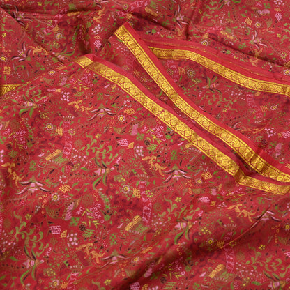 Indian Vintage Sari Red Printed Pure Silk Sarees 6yd Sewing Craft Fabric Soft Dress Making Upcycle Crafting Quilting Used Zari