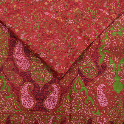 Indian Vintage Sari Red Printed Pure Silk Sarees 6yd Sewing Craft Fabric Soft Dress Making Upcycle Crafting Quilting Used Zari