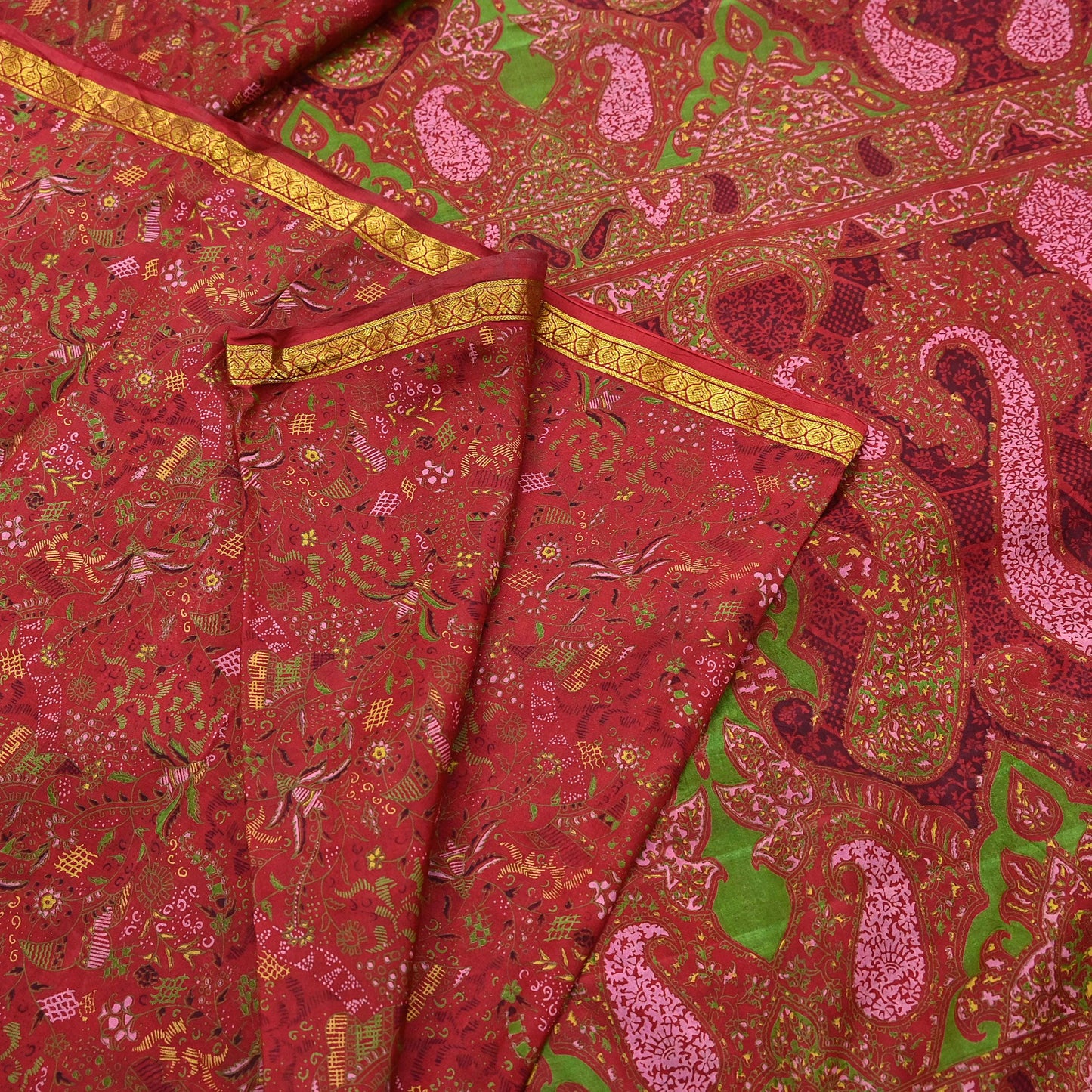 Indian Vintage Sari Red Printed Pure Silk Sarees 6yd Sewing Craft Fabric Soft Dress Making Upcycle Crafting Quilting Used Zari