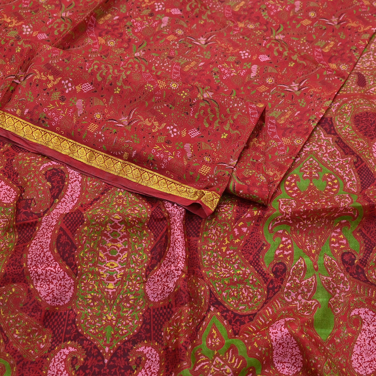 Indian Vintage Sari Red Printed Pure Silk Sarees 6yd Sewing Craft Fabric Soft Dress Making Upcycle Crafting Quilting Used Zari