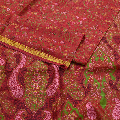 Indian Vintage Sari Red Printed Pure Silk Sarees 6yd Sewing Craft Fabric Soft Dress Making Upcycle Crafting Quilting Used Zari