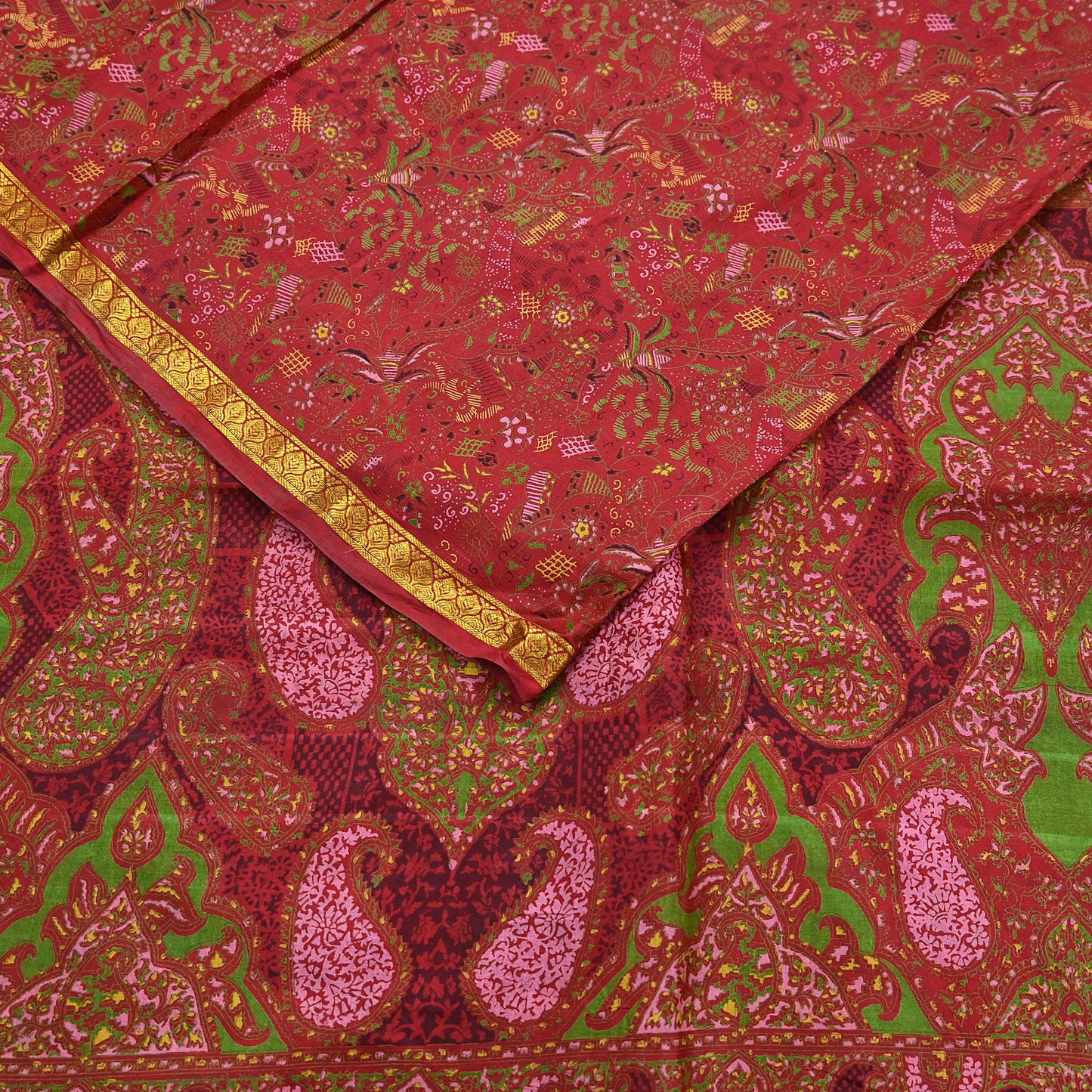 Indian Vintage Sari Red Printed Pure Silk Sarees 6yd Sewing Craft Fabric Soft Dress Making Upcycle Crafting Quilting Used Zari