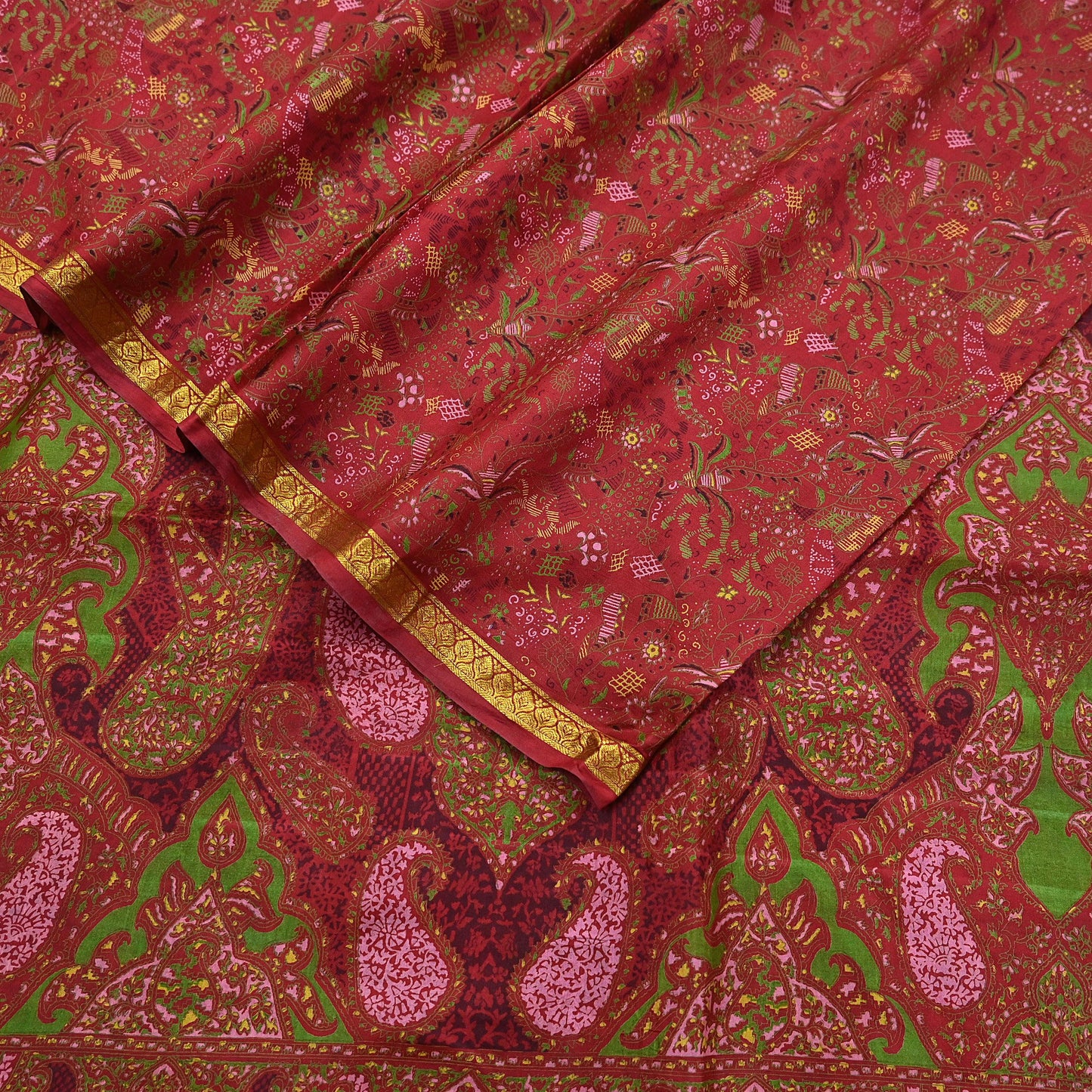 Indian Vintage Sari Red Printed Pure Silk Sarees 6yd Sewing Craft Fabric Soft Dress Making Upcycle Crafting Quilting Used Zari