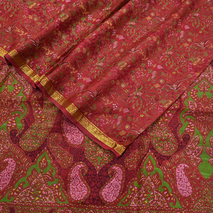 Indian Vintage Sari Red Printed Pure Silk Sarees 6yd Sewing Craft Fabric Soft Dress Making Upcycle Crafting Quilting Used Zari