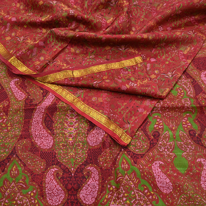 Indian Vintage Sari Red Printed Pure Silk Sarees 6yd Sewing Craft Fabric Soft Dress Making Upcycle Crafting Quilting Used Zari