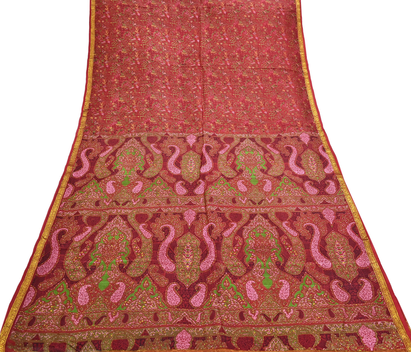 Indian Vintage Sari Red Printed Pure Silk Sarees 6yd Sewing Craft Fabric Soft Dress Making Upcycle Crafting Quilting Used Zari