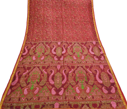 Indian Vintage Sari Red Printed Pure Silk Sarees 6yd Sewing Craft Fabric Soft Dress Making Upcycle Crafting Quilting Used Zari