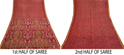 Indian Vintage Sari Red Printed Pure Silk Sarees 6yd Sewing Craft Fabric Soft Dress Making Upcycle Crafting Quilting Used Zari