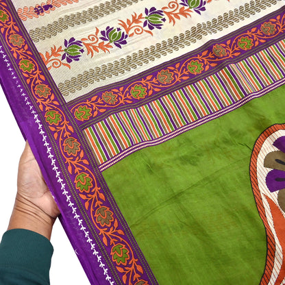 Indian Vintage Sari Ivory & Green Printed 100% Pure Cotton Sarees Craft Fabric 5Yd Sewing Sarong Wrap Boho Floral Dress Making Crafting Soft