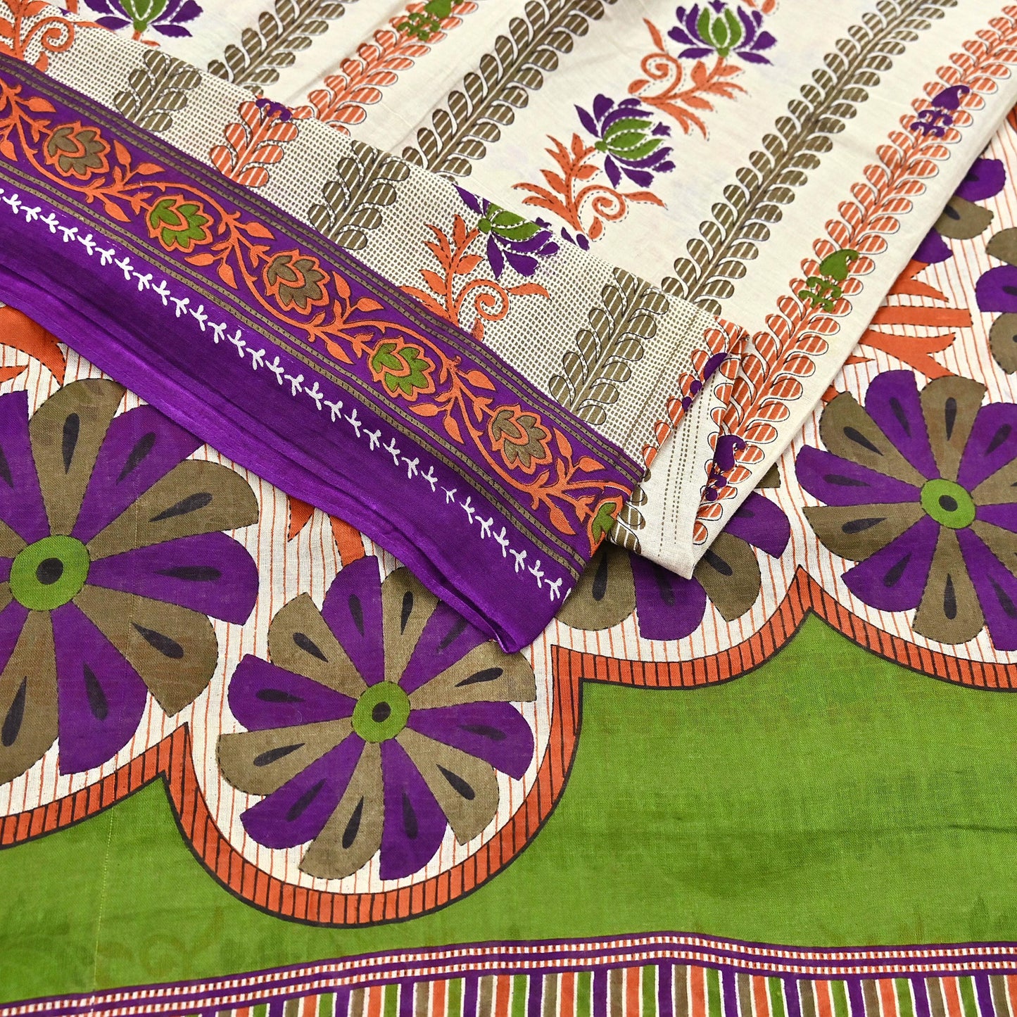 Indian Vintage Sari Ivory & Green Printed 100% Pure Cotton Sarees Craft Fabric 5Yd Sewing Sarong Wrap Boho Floral Dress Making Crafting Soft