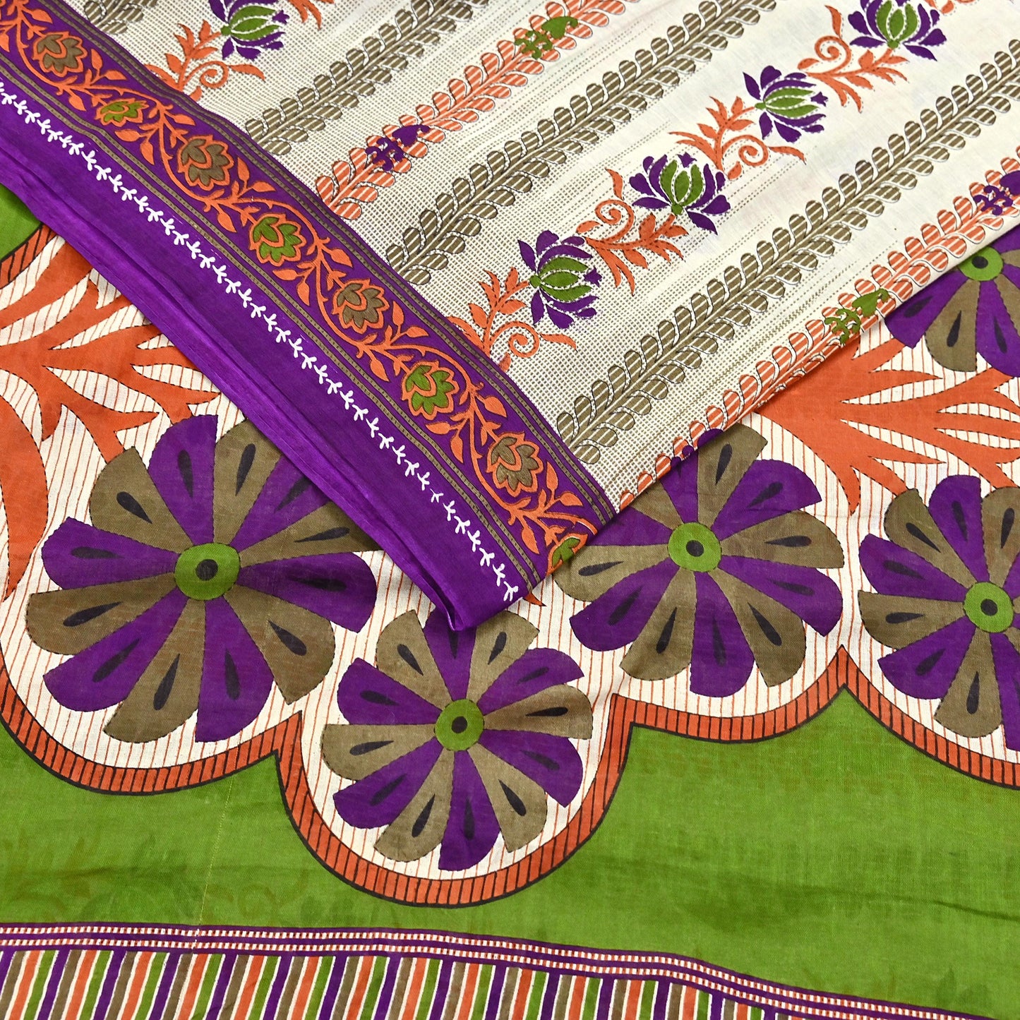 Indian Vintage Sari Ivory & Green Printed 100% Pure Cotton Sarees Craft Fabric 5Yd Sewing Sarong Wrap Boho Floral Dress Making Crafting Soft